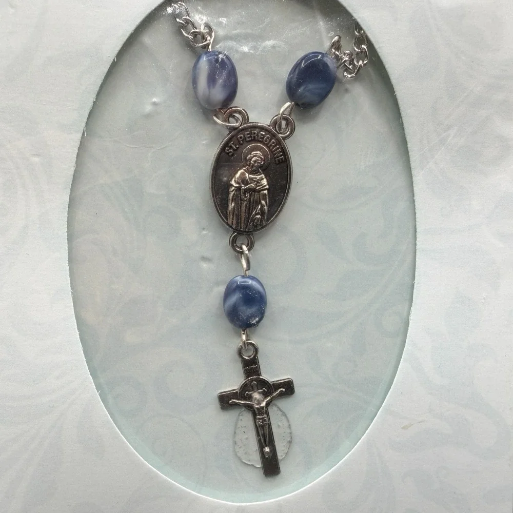 St Peregrine St Anthony Rosary Necklace Blue Beads Crucifix Catholic Prayer Gift
